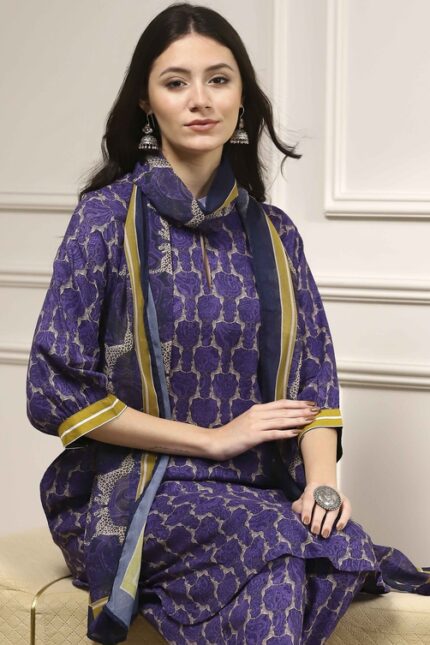 Indigo Blue Printed Straight Suit Set