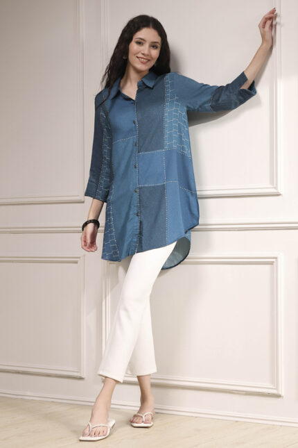 Blue Printed Straight Shirt