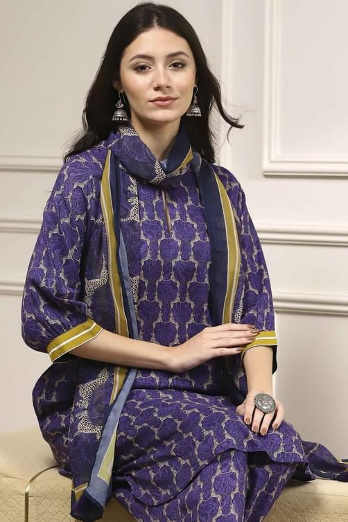 Indigo Blue Printed Straight Suit Set