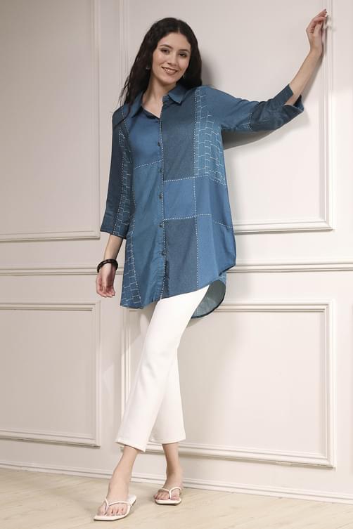 Blue Printed Straight Shirt